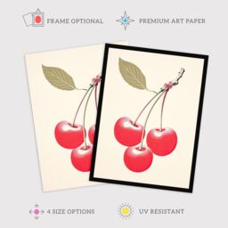 "Wee Blue Coo Wall Art Print Red Smudge Cherries on Stem with Leaf Bright Pink Alabaster Green Retro Kitchen Painting Poster - Size: W18"" x H24""" - thumbnail 2