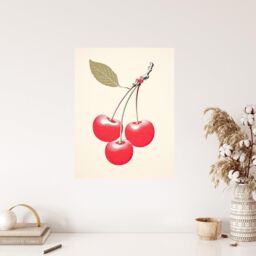 "Wee Blue Coo Wall Art Print Red Smudge Cherries on Stem with Leaf Bright Pink Alabaster Green Retro Kitchen Painting Poster - Size: W18"" x H24""" - thumbnail 4
