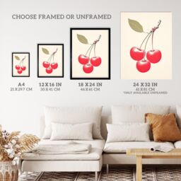 "Wee Blue Coo Wall Art Print Red Smudge Cherries on Stem with Leaf Bright Pink Alabaster Green Retro Kitchen Painting Poster - Size: W18"" x H24""" - thumbnail 3