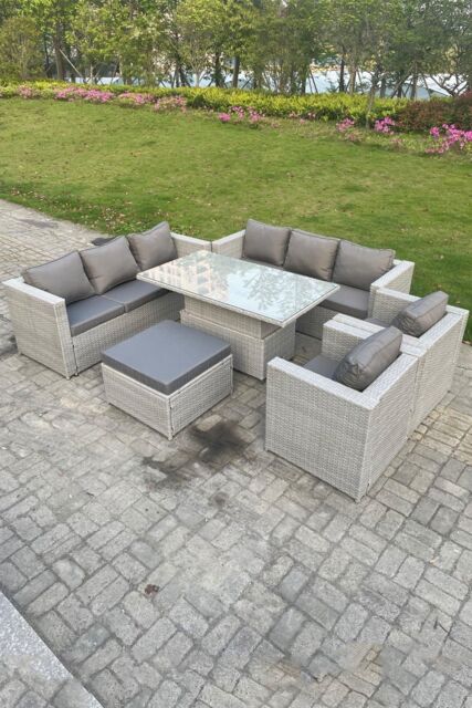 Fimous Rattan Garden Funiture Set Height Adjustable Rising Lifting Table Sofa Dining Set Lounge Sofa in Light Grey - image 1