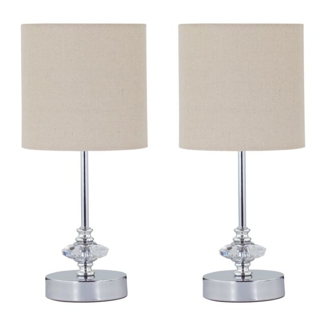 First Choice Lighting Set of 2 Chrome Jewelled Table Lamps with Natural Linen Shades in Silver - image 1