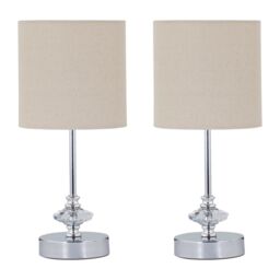 First Choice Lighting Set of 2 Chrome Jewelled Table Lamps with Natural Linen Shades in Silver - thumbnail 1