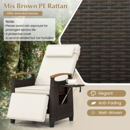 Costway Patio Wicker Recliner Chair Rattan Lounger Adjustable Backrest in White - thumbnail 6