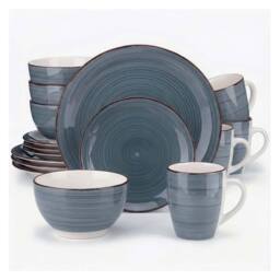 Alivio 16-Piece Porcelain Dinner Set, Lead-Free Blue Glaze Dinnerware Set for 4, Microwave & Dishwasher Safe Plates, Bowls & Mugs in Grey