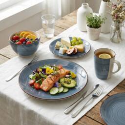 Alivio 16-Piece Porcelain Dinner Set, Lead-Free Blue Glaze Dinnerware Set for 4, Microwave & Dishwasher Safe Plates, Bowls & Mugs in Grey - thumbnail 6