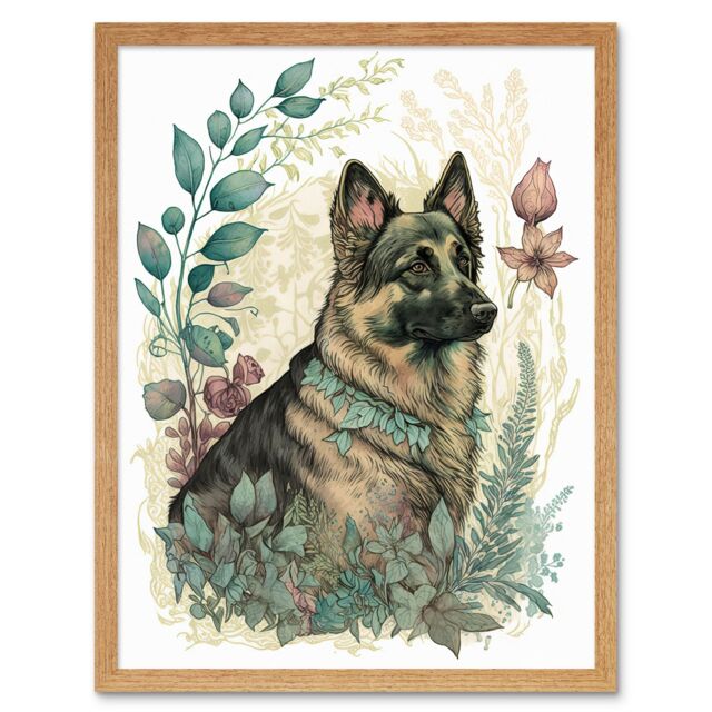 "Artery8 Wall Art Print German Shepherd Dog with a Leaf Collar Spring Field Boho Pastel Watercolour Art Framed in Light Oak - Size: W12"" x H16""" - image 1