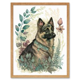 "Artery8 Wall Art Print German Shepherd Dog with a Leaf Collar Spring Field Boho Pastel Watercolour Art Framed in Light Oak - Size: W12"" x H16""" - thumbnail 1