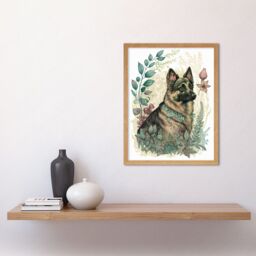 "Artery8 Wall Art Print German Shepherd Dog with a Leaf Collar Spring Field Boho Pastel Watercolour Art Framed in Light Oak - Size: W12"" x H16""" - thumbnail 2
