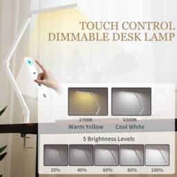 HOMCOM Desk Lamp with Adjustable Swing Arm, Dimmable LED Desk Light in White - thumbnail 4