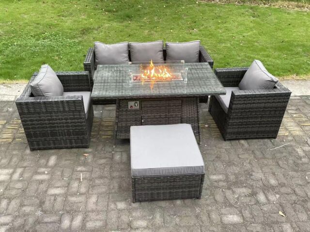 Fimous Outdoor PE Rattan Garden Furniture Gas Fire Pit Dining Table Armchairs With Big Footstool Dark Grey Mixed - image 1