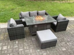 Fimous Outdoor PE Rattan Garden Furniture Gas Fire Pit Dining Table Armchairs With Big Footstool Dark Grey Mixed - thumbnail 3