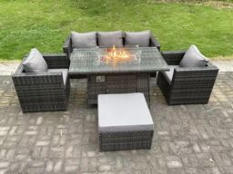 Fimous Outdoor PE Rattan Garden Furniture Gas Fire Pit Dining Table Armchairs With Big Footstool Dark Grey Mixed - thumbnail 1