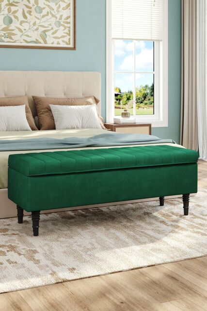 H&O Direct Velvet Storage Ottoman Bench in Dark Green - image 1