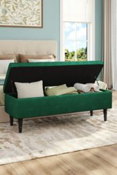 H&O Direct Velvet Storage Ottoman Bench in Dark Green - thumbnail 2