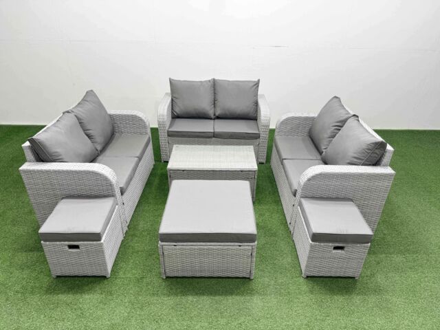 Fimous 9 Seater PE Wicker Rattan Furniture Sofa Sets with Rectangular Coffee Table 2 Seater Love Sofa 3 Stool Light Grey - image 1