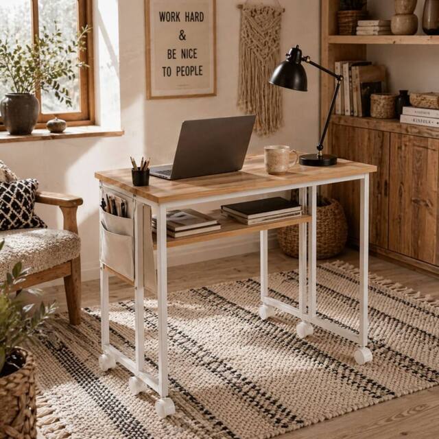 Wyld Haus Zika 80cm Natural Wood Finish Drop Leaf Writing Desk Lockable Wheels in White - image 1