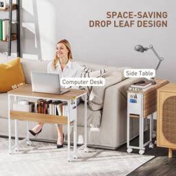 Wyld Haus Zika 80cm Natural Wood Finish Drop Leaf Writing Desk Lockable Wheels in White - thumbnail 4