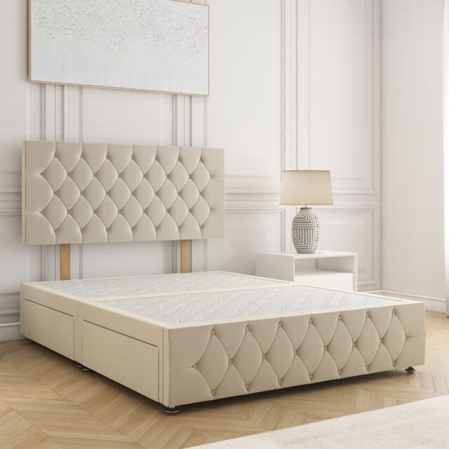 "BSSPOKE Mulberry Plush Velvet Divan Bed 24""Headboard 4Drawers & No Mattress in Cream - Size: Super King" - image 1