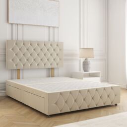 "BSSPOKE Mulberry Plush Velvet Divan Bed 24""Headboard 4Drawers & No Mattress in Cream - Size: Super King" - thumbnail 1