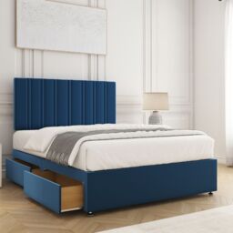 "BSSPOKE Sienna Divan Bed Set Velvet 24""Headboard 2 Drawers Footend & Mattress in Blue - Size: Double"