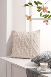 Living and Home White Jacquard Plush Square Throw Pillow Sofa Cushion, Filled with 500g PP Cotton - Size: 45 cm x 45 cm