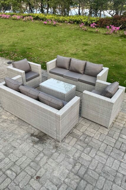 Fimous Outdoor PE Rattan Garden Furniture Set Wicker Sofa Set Oblong Coffee Table 2 Armchair in Light Grey - image 1