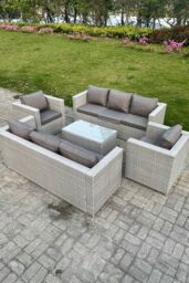 Fimous Outdoor PE Rattan Garden Furniture Set Wicker Sofa Set Oblong Coffee Table 2 Armchair in Light Grey - thumbnail 2