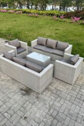 Fimous Outdoor PE Rattan Garden Furniture Set Wicker Sofa Set Oblong Coffee Table 2 Armchair in Light Grey - thumbnail 1