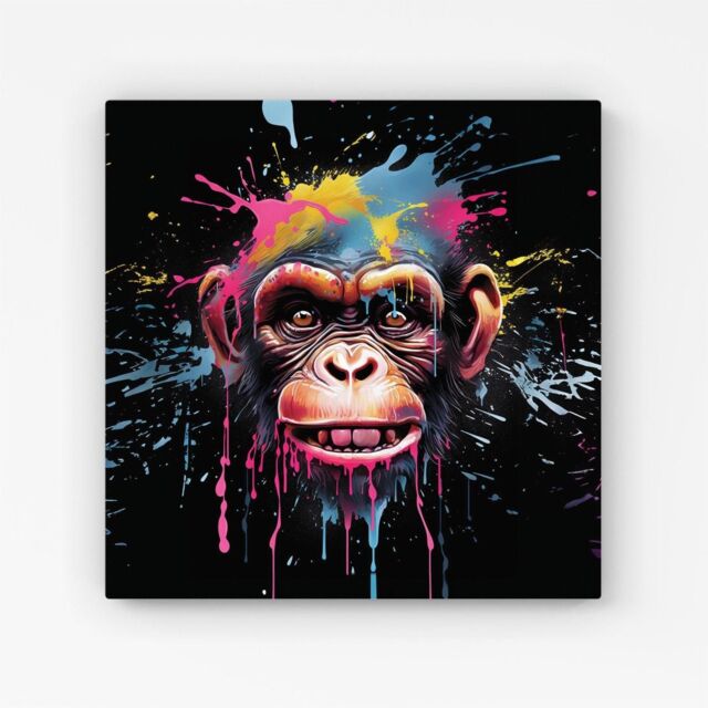 "Warren Reed - Designer Multi Coloured Monkey Face Splashart Canvas in Blue - Size: W16"" x H16""" - image 1