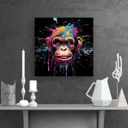 "Warren Reed - Designer Multi Coloured Monkey Face Splashart Canvas in Blue - Size: W16"" x H16""" - thumbnail 2