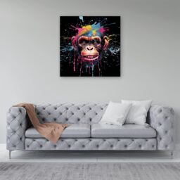 "Warren Reed - Designer Multi Coloured Monkey Face Splashart Canvas in Blue - Size: W16"" x H16""" - thumbnail 4