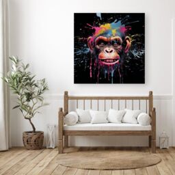 "Warren Reed - Designer Multi Coloured Monkey Face Splashart Canvas in Blue - Size: W16"" x H16""" - thumbnail 3