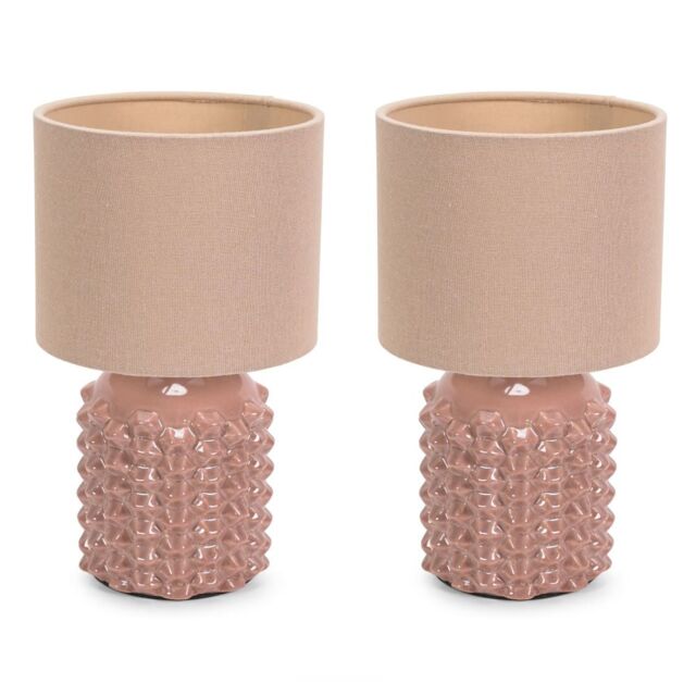 ValueLights Asha Pair of Ceramic Pink Geometric Table Lamps with Drum Lamp Shades in Natural - image 1