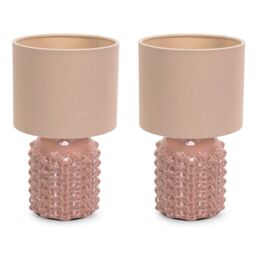 ValueLights Asha Pair of Ceramic Pink Geometric Table Lamps with Drum Lamp Shades in Natural