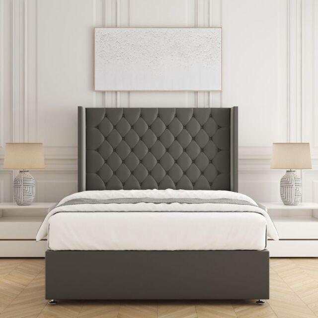"BSSPOKE Winchester Divan Bed Set Plush Velvet 54""Headboard Mattress No Drawers in Grey - Size: Small Double" - image 1