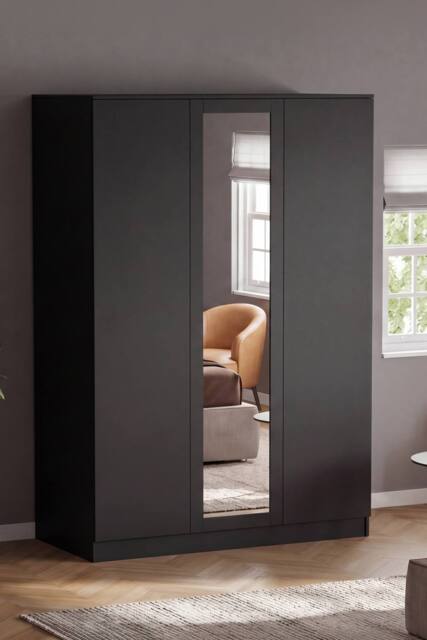 Home Discount Vida Designs Denver 3 Door Mirrored Wardrobe Storage Bedroom Furniture in Black - image 1