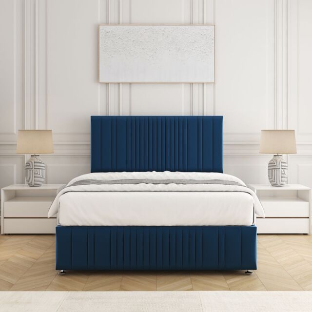 "BSSPOKE Rosie Plush Velvet Divan Bed Set 24"" Headboard & Mattress No Drawers in Blue - Size: Double" - image 1