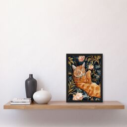 "Artery8 Cat Lover Moggie Pet in Rose Garden Watercolour Framed Wall Art in Dark Blue - Size: W12"" x H16""" - thumbnail 4