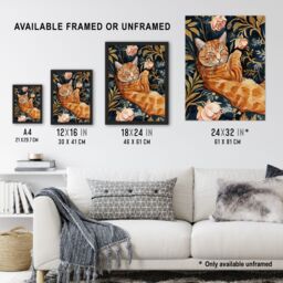 "Artery8 Cat Lover Moggie Pet in Rose Garden Watercolour Framed Wall Art in Dark Blue - Size: W12"" x H16""" - thumbnail 3