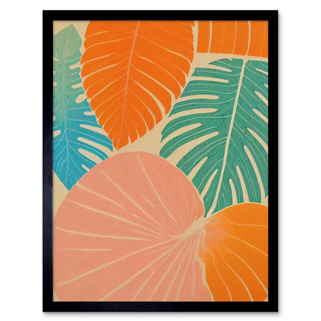 "Artery8 Wall Art Print Tropical Monstera Leaf Jungle Pastel Botanical Art Framed in Black - Size: W12"" x H16""" - image 1