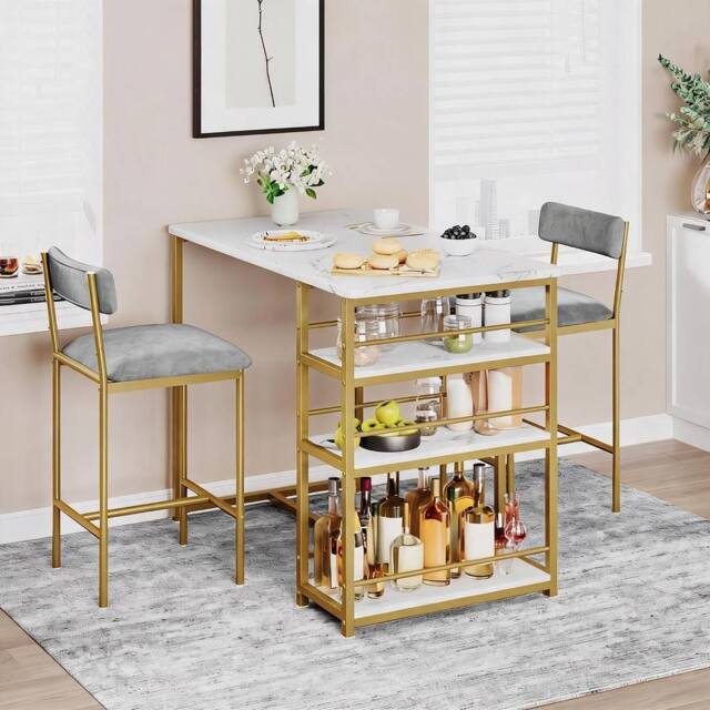 London Boutique 3PCS Bar Table & Chairs Set Counter Height Dining Table W/ 3 Shelves in Gold - image 1