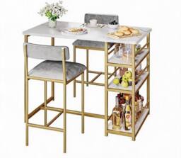 London Boutique 3PCS Bar Table & Chairs Set Counter Height Dining Table W/ 3 Shelves in Gold - thumbnail 2