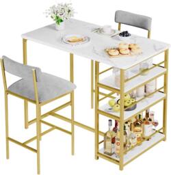 London Boutique 3PCS Bar Table & Chairs Set Counter Height Dining Table W/ 3 Shelves in Gold - thumbnail 5