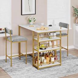 London Boutique 3PCS Bar Table & Chairs Set Counter Height Dining Table W/ 3 Shelves in Gold - thumbnail 1
