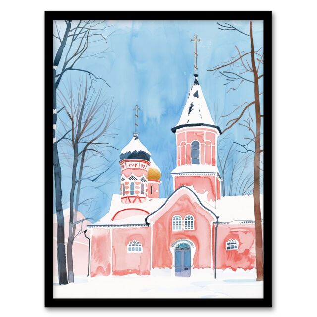 Artery8 Pink Orthodox Church Ukraine Soft Watercolour Framed Art Print in Blue - Size: A4 - image 1