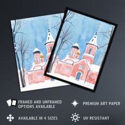 Artery8 Pink Orthodox Church Ukraine Soft Watercolour Framed Art Print in Blue - Size: A4 - thumbnail 2