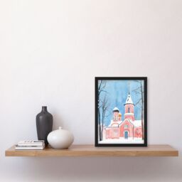 Artery8 Pink Orthodox Church Ukraine Soft Watercolour Framed Art Print in Blue - Size: A4 - thumbnail 4