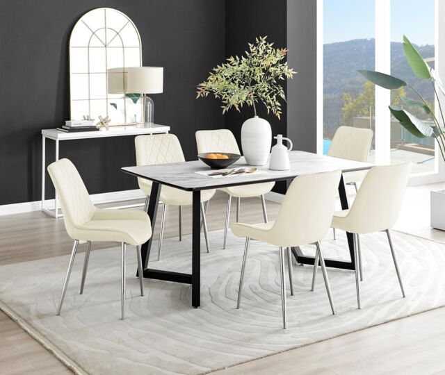 FurnitureboxUK Carson White Marble Effect Dining Table & 6 Pesaro Silver Chairs in Cream - image 1