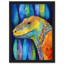 Artery8 Komodo Dragon Vibrant Folk Art Watercolour Painting Artwork Framed Wall Art Print A4 in Black - thumbnail 1