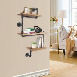 KORVIXA Storage Rack 3 Tier Metal +wood Wall Shelves Rack in Brown - Size: 100 cm x 100 cm - thumbnail 3